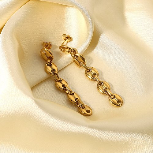 Boucles d'oreilles simples en acier inoxydable à longue chaîne en forme de grains de café en or 18 carats