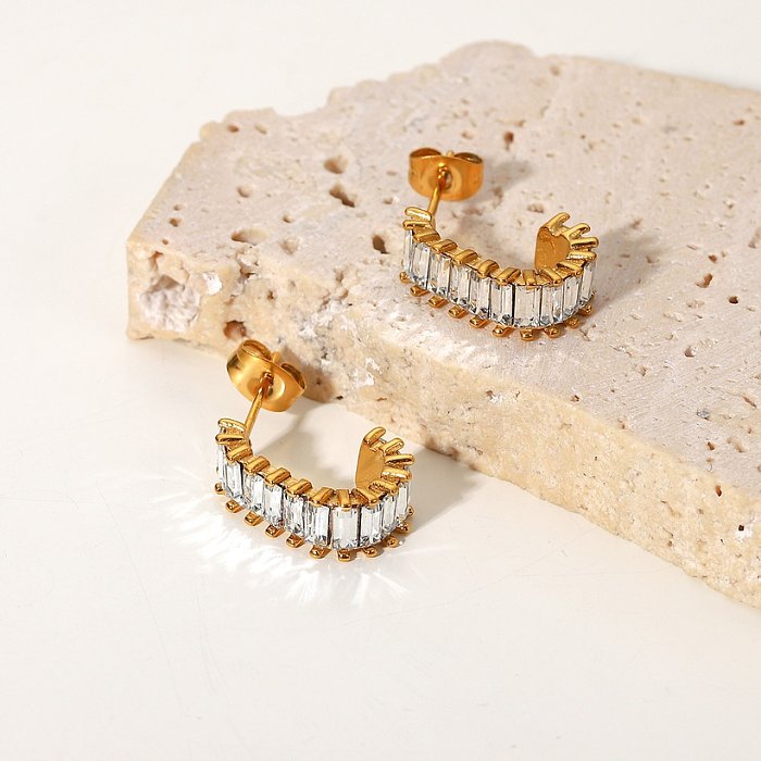 Aretes geométricos con incrustaciones de circón de acero inoxidable de oro de 18 quilates para mujer en forma de C