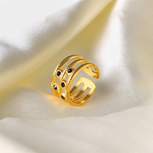 Aço inoxidável banhado a ouro 18k europeu e americano 5 diamantes negros anel aberto de três camadas joias de moda
