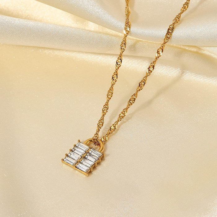New 18K GoldPlated Square Zircon Stainless Steel Lock Pendant Necklace