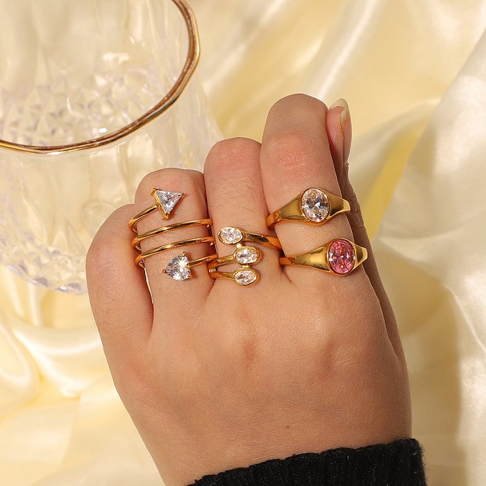 new 18K goldplated pink oval zircon ring stainless steel transparent zircon womens ring