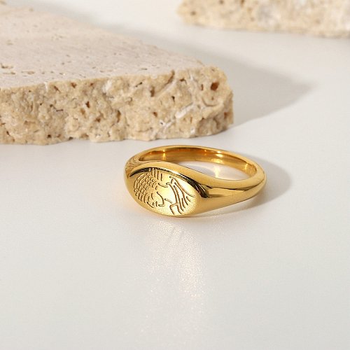خاتم بيضاوي الشكل مطلي بالذهب عيار 18 قيراط من الفولاذ المقاوم للصدأ