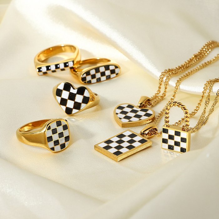 Anel xadrez de coração de aço inoxidável banhado a ouro 18k fashion casal