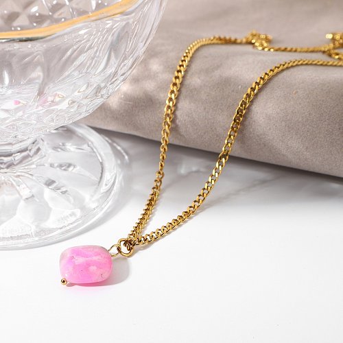 retro goldplated stainless steel pink natural stone necklace wholesale jewelry