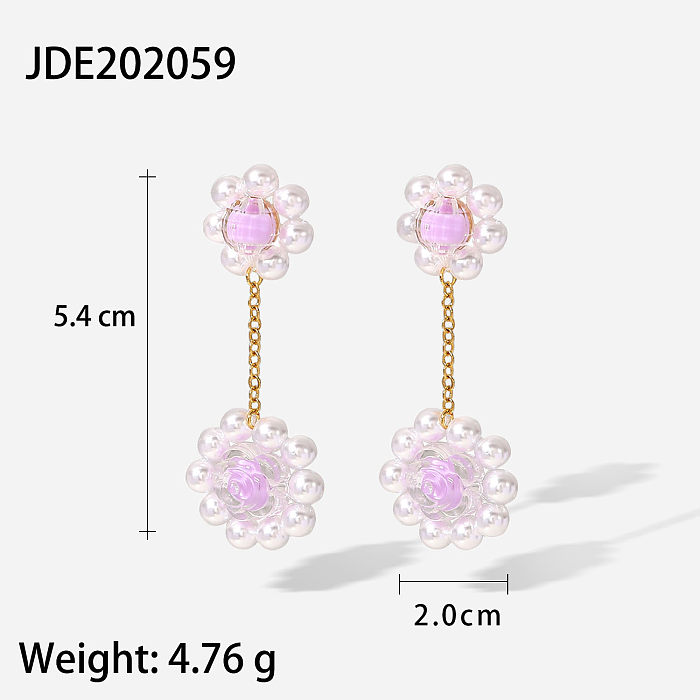 2022 nouvelles boucles d'oreilles en cristal de fleur de perle pourpre tissées en acier inoxydable plaqué or 18 carats