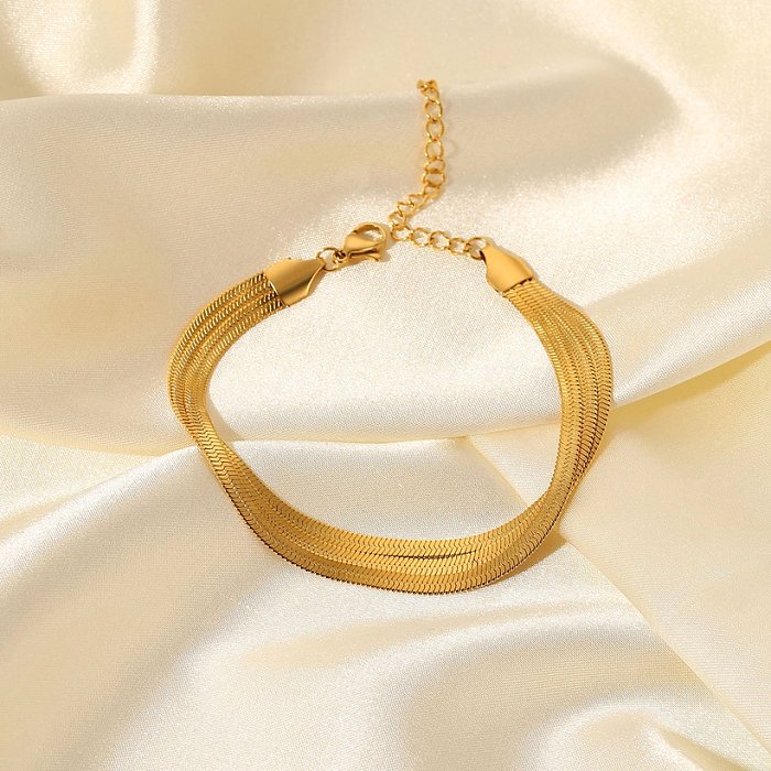 simple ThreeLayer Flat Snake Bone Chain 18K Gold Plated Stainless Steel Bracelet
