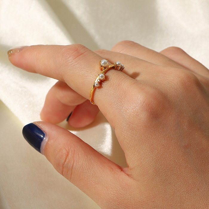 Fashion Geometric Stainless Steel Open Ring Inlay Pearl Stainless Steel Rings