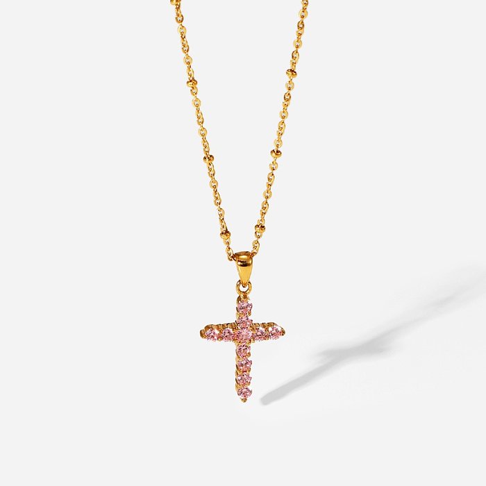 collier simple pendentif croix zircon rose en acier inoxydable plaqué or 18 carats
