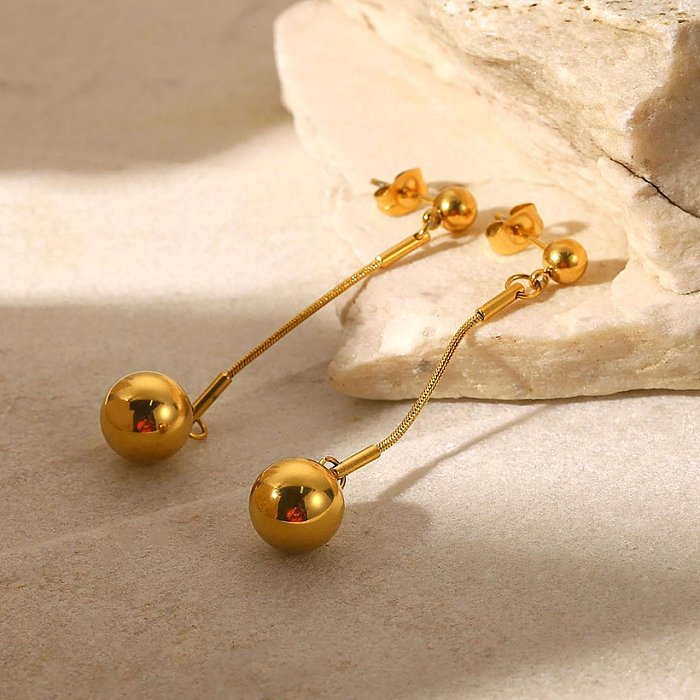 Boucles d'oreilles pendantes en acier inoxydable avec petites boules dorées à la mode en or 18 carats