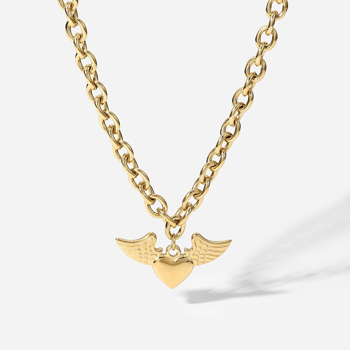 retro stainless steel 14K gold thick Ochain angel wings heart pendant necklace