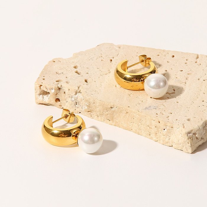 Aretes de acero inoxidable con forma de C a la moda, aretes de acero inoxidable con incrustaciones de perlas chapadas en oro