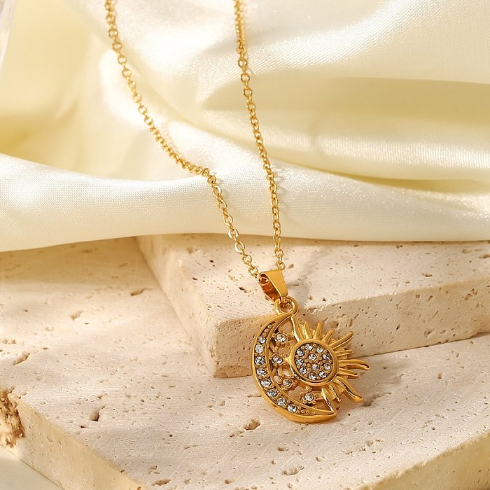 Moda Sun Star Moon Collar de acero inoxidable Chapado en oro Zircon Collares de acero inoxidable
