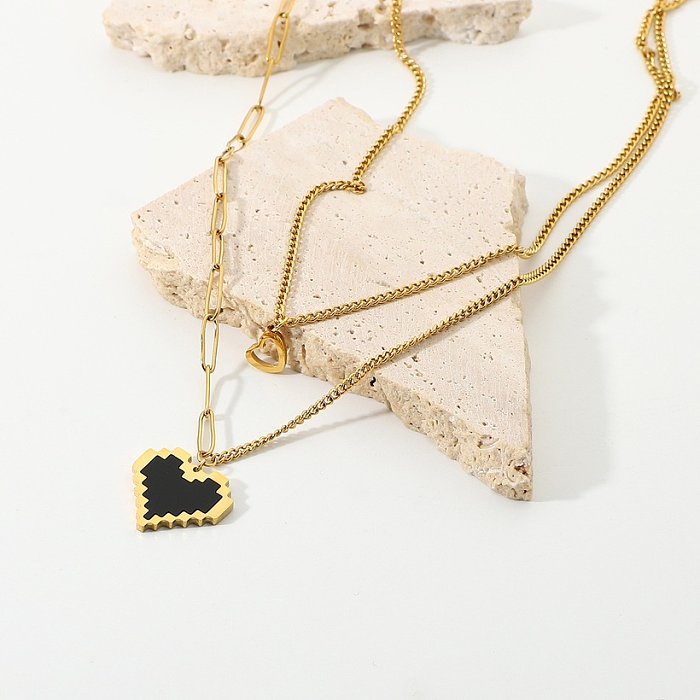 European and American Ins Light Luxury Black Mosaic Heart Double Layer Twin Necklace 18K GoldPlated Necklace Ornament for Women