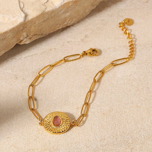 Fashion New 18K GoldPlated Round Brand Inlaid Oval Stone Cross Chain Stainless Steel Bracelet Women