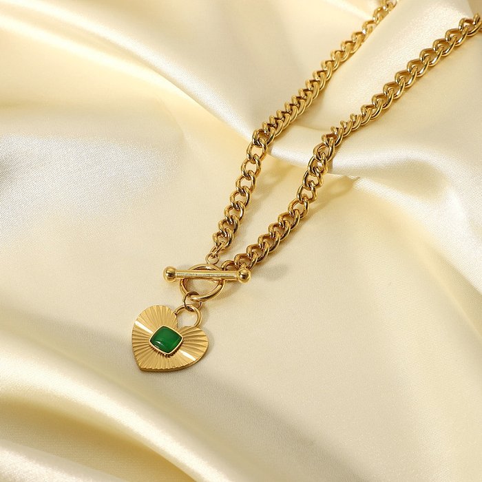 nouveau collier en acier inoxydable avec boucle OT en agate verte en forme de coeur