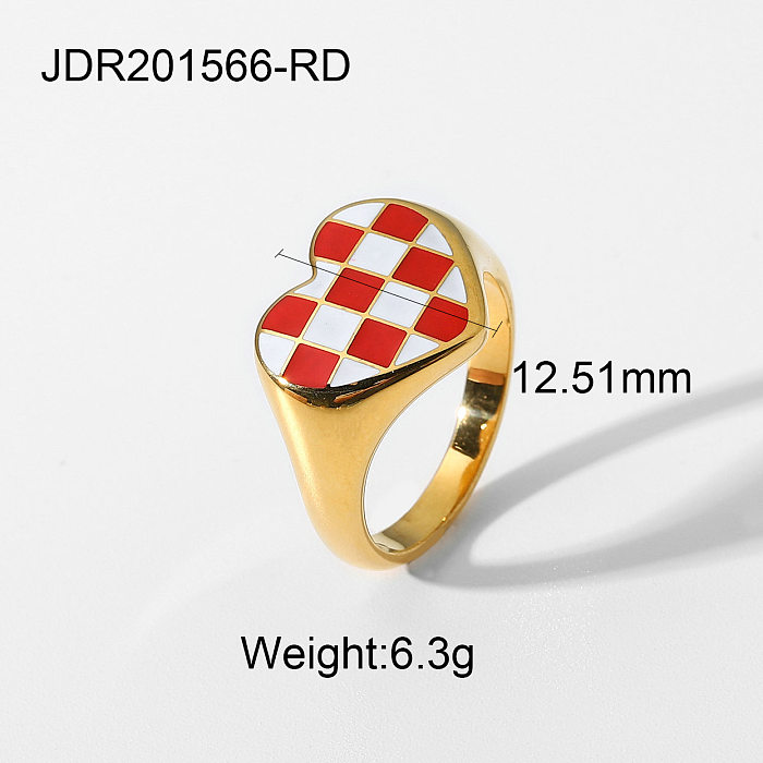 Fashion 18K Gold Plated Stainless Steel Heart Chessboard Check Ring Couple