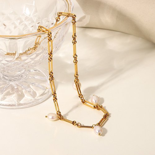 fashion retro titanium steelr pearl geometric necklace