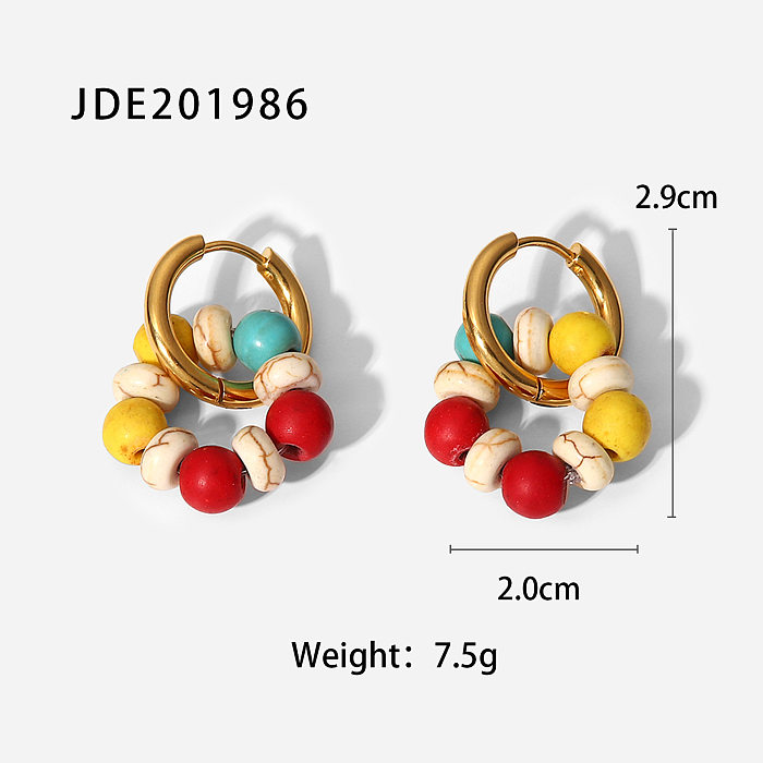 Pendientes de acero inoxidable de oro de 18 quilates con anillo de cuentas de piedra de color retro a la moda