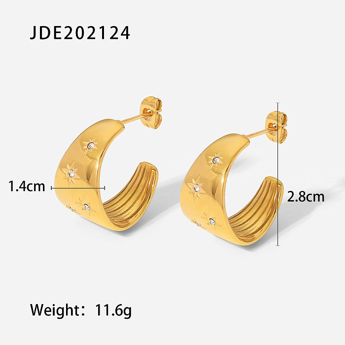 Nuevo estilo de acero inoxidable chapado en oro de 18 quilates Pendientes grandes en forma de C de circonio con incrustaciones curvas