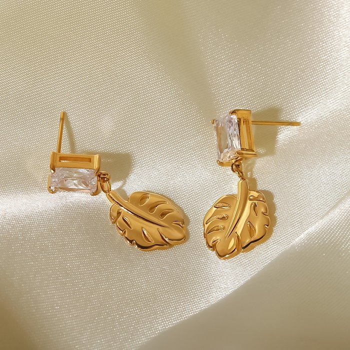 Fashion Leaves Stainless Steel Drop Earrings Gold Plated Inlay Zircon Stainless Steel Earrings