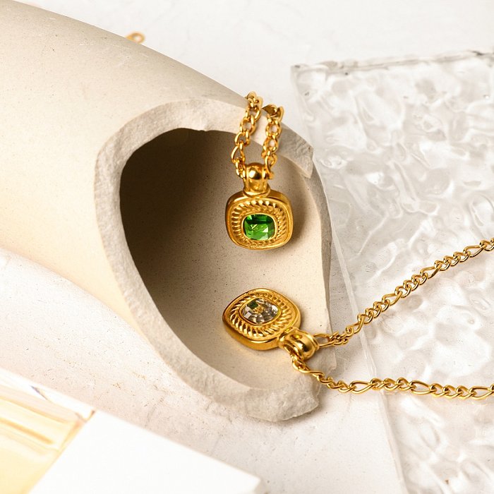 Ins européen et américain même collier bijoux en acier inoxydable or 18 carats rectangulaire chanfreinage couleur collier pendentif en pierre semi-précieuse pour les femmes