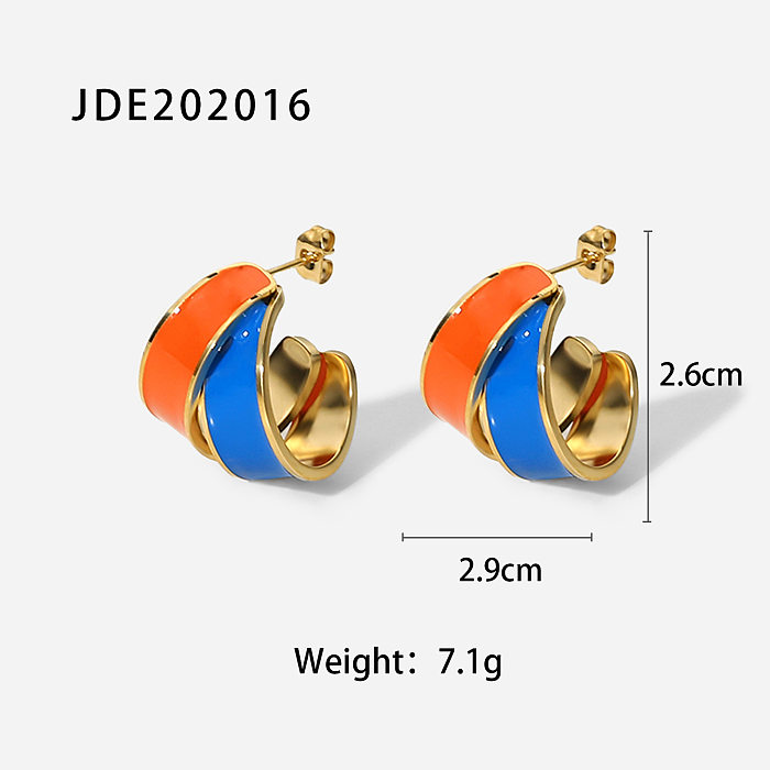 fashion retro 14K gold stainless steel contrast color matching drop oil hoop earrings