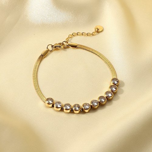 bracelet de chaîne de serpent plat de zircon rond incrusté d'acier inoxydable plaqué or 14K rétro de mode