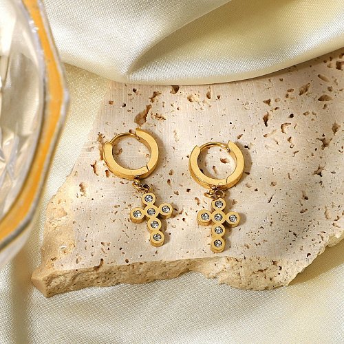 Retro gold zircon earrings stainless steel cross earrings
