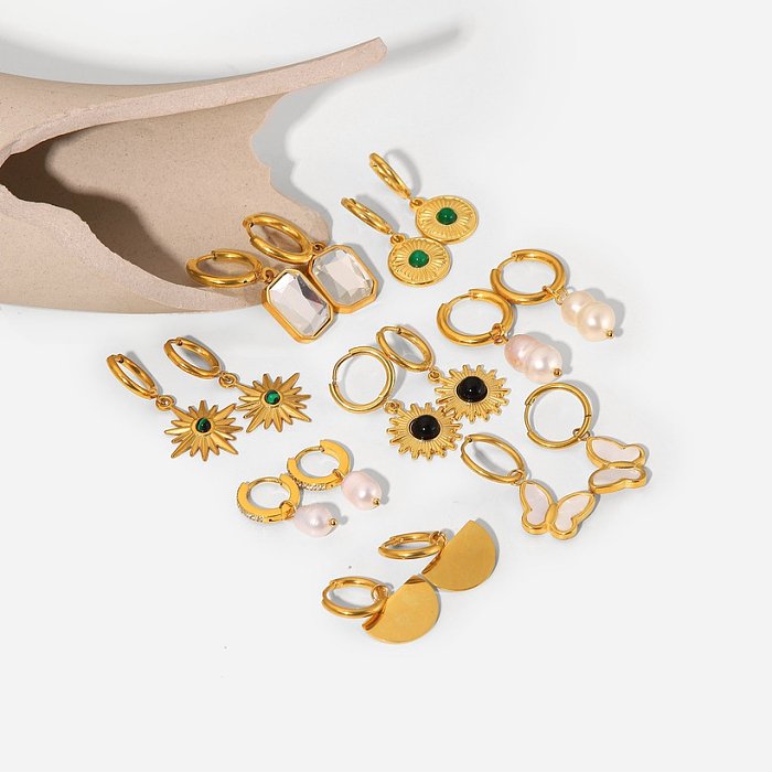 18 Karat vergoldeter Edelstahl im Vintage-Stil mit geometrischen Zirkon-Anhänger-Ohrringen