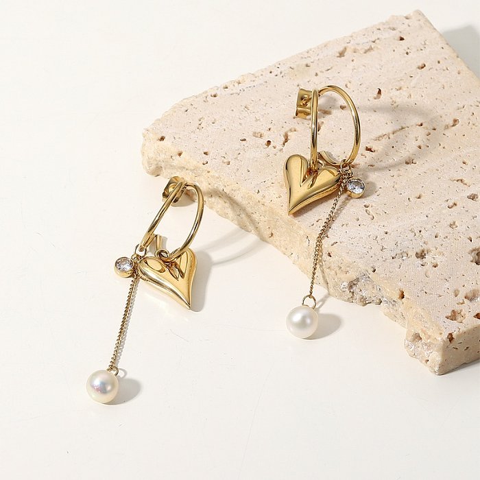 Pendientes de borla de circón y perlas con colgante de corazón de acero inoxidable de oro de 14 quilates