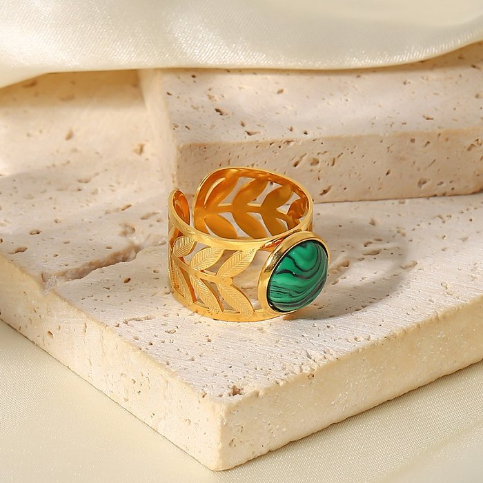 Anel aberto de aço inoxidável de folha de moda oco com pedras preciosas artificiais anéis de aço inoxidável