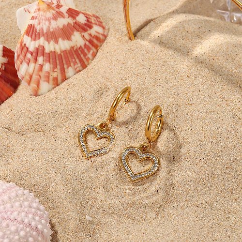 Fashion 18K gold stainless steel hollow heartshaped zircon heartshaped pendant earrings