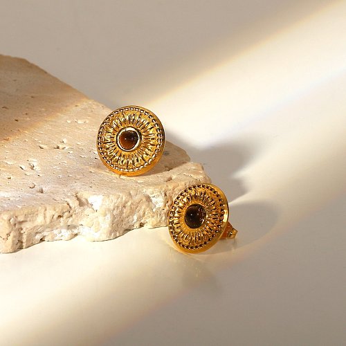 new fashion retro opal inlaid round button 18K gold stainless steel earrings