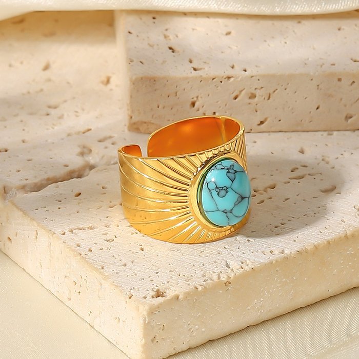 Fashion Stripe Stainless Steel Open Ring Plating Turquoise Stainless Steel Rings