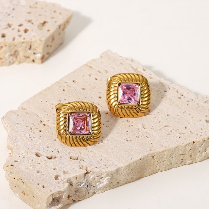 Fashion Square Button Colored Zircon Stainless Steel Cubic Earrings Stud
