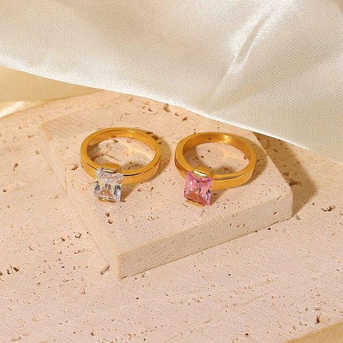 Europeu e americano novo anel de zircão rosa retangular de aço inoxidável 18k ouro jóias femininas