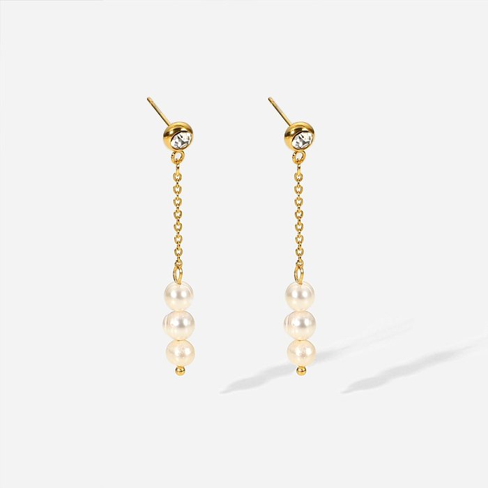 stainless steel cubic zirconia long chain pearl earrings