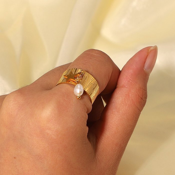 Geometrischer gleicher Ring 18K Gold-Edelstahl-Stern-Perlen-Anhänger-offener Ring