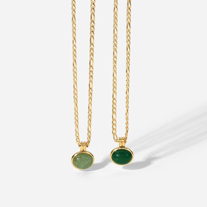14K Green Aventurine Jade Round Pendant Figaro Chain Stainless Steel Necklace