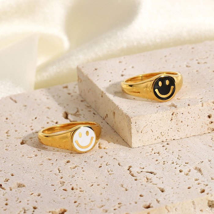 White dripping smiley face ring 18K gold stainless steel ring