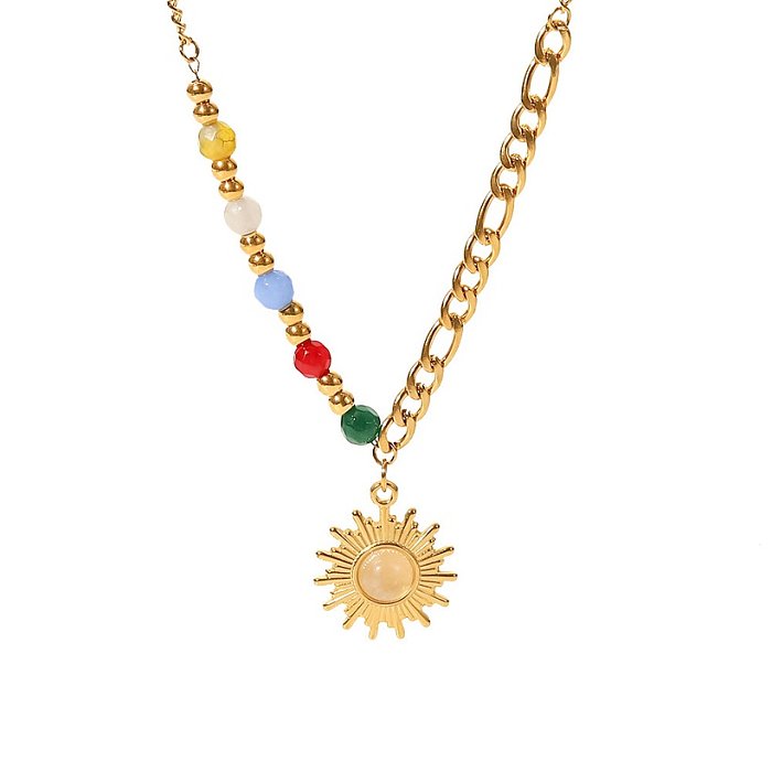 Fashion Sun Stainless Steel Pendant Necklace Gold Plated Inlay Opal Stainless Steel Necklaces