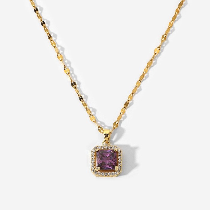 Collier pendentif en zircon carré violet avec chaîne en acier inoxydable à la mode