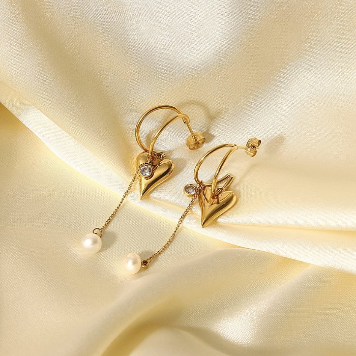 14K Gold Stainless Steel Heart Pendant Pearl Zircon Tassel Earrings