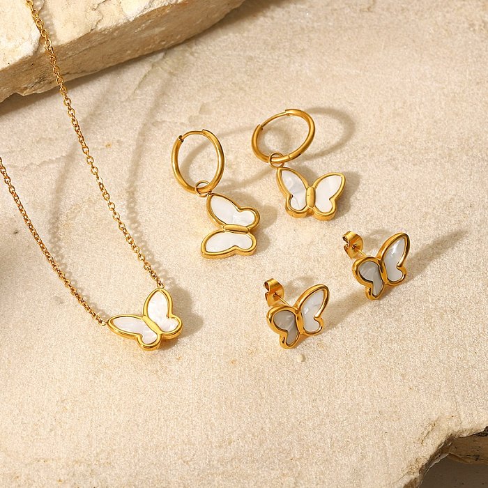 Brincos de colar de aço inoxidável em forma de borboleta com concha branca natural ouro 18k