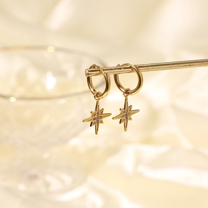 Kreativer achtzackiger Stern aus Edelstahl mit 14 Karat Gold und fünf Zirkon-Anhänger-Ohrringen