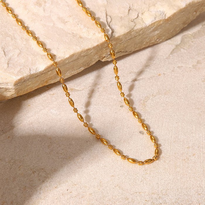 Fashion Simple 18K Gold Plated Oval Bead Chain Stainless Steel Necklace Womens Ornament