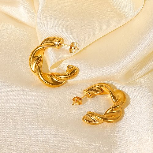 Pendientes de aro trenzados de acero inoxidable geométricos en forma de C retorcidos chapados en oro de 18 quilates a la moda
