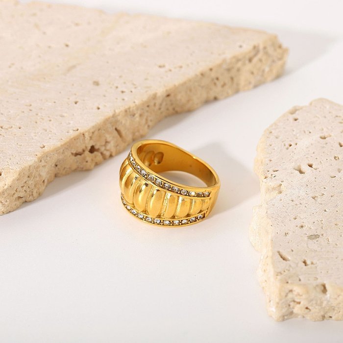 Padrão de pão de zircônio embutido de camada dupla face larga em forma de c anel chapeamento de ouro 18k anel de aço inoxidável