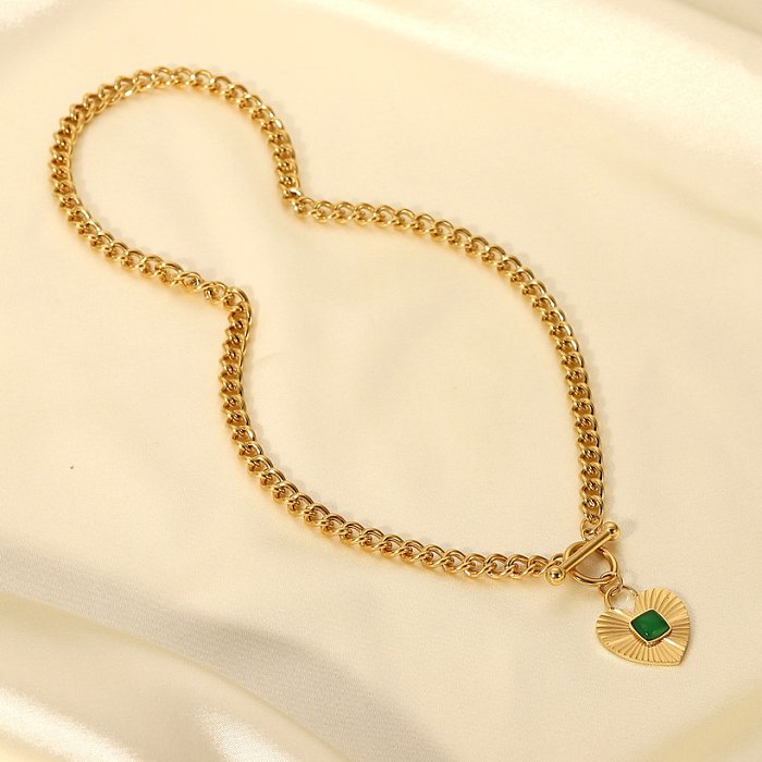 new heartshaped green agate OT buckle Cuban chain stainless steel necklace