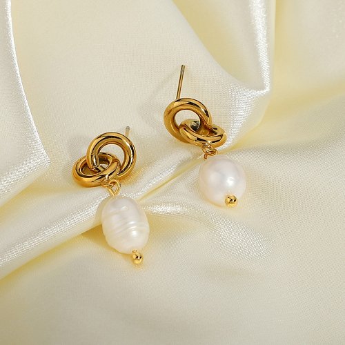 Pendants d'oreilles chaîne en acier inoxydable plaqué or avec perle baroque